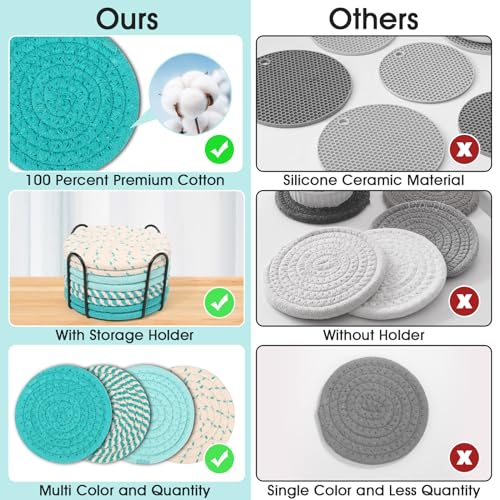 Mckanti 8 Pcs Coasters for Drink with Holder, 4 Colors Absorbent Coasters for Drinks, Minimalist Cotton Woven Coaster Set for Home Decor Tabletop Protection Suitable for Kinds of Cups, 4.3 Inches. - color: Muti-color F