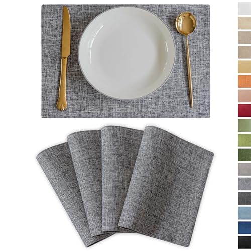 Demetex Grey Placemats Set of 4 Farmhouse Heat Resistant Linen Table Place Mats Washable Cloth Plate Mats for Party Picnic Buffet, Ash Grey - color: Ash Grey, size: Placemats set of 4