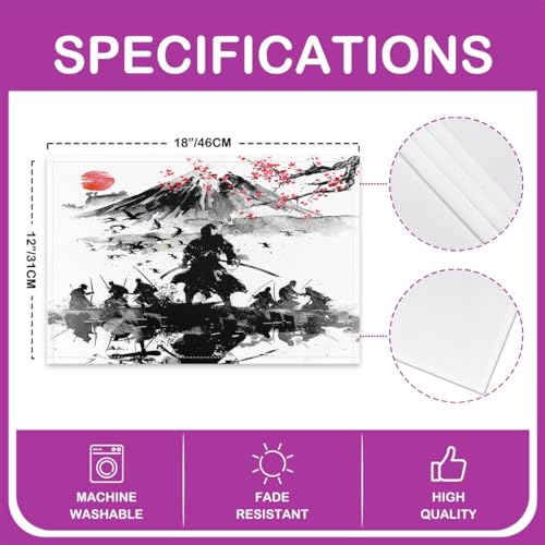 Feelyou Japanese Samurai Placemats Set Set of 4 18"x12" - color: Black and White