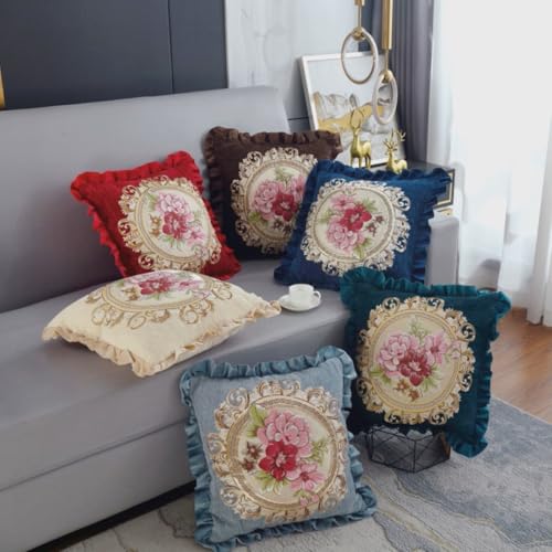 Set of 2 Vintage Blue Pillow Covers 18x18in for Sofa Couch,Blue Embroidered Pillows Covers for Living Room, Floral Embroidered Cushion Cover for Bed - color: Blue