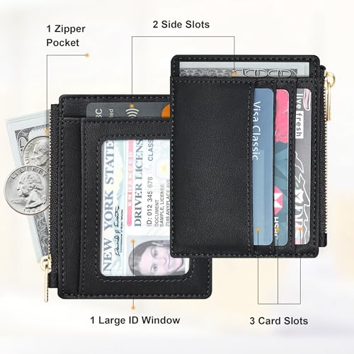 Sodsay Card Case Slim Front Pocket Wallet for Women Credit Card Holder with Keychain | Slim, Credit Card Holder, Front Pocket, with Keychain - color: Smooth Black