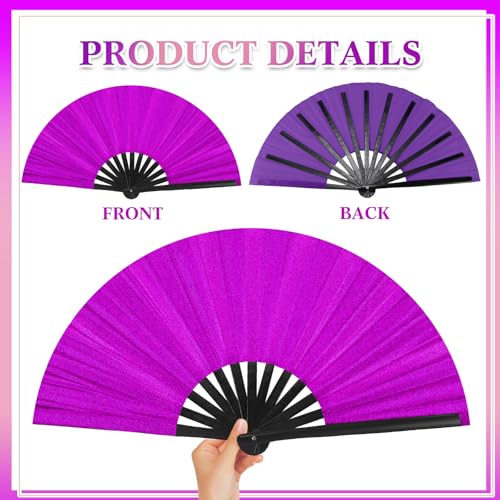 Maitys 2 Packs Large Folding Hand Fans 13'' Chinese Handheld Fan Large Clap Fans for Line Dancing, Tai Chi, Festival, Kung Fu, Martial Art, Gift, Includes 2 Pouch (Glitter Purple and Pink) - color: Glitter Purple and Pink