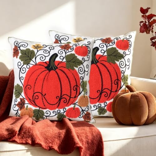 Set of 2 Embroidered Decorative Throw Pillow Covers Couch Square Pillowcases Cushion for Bedroom Sofa Farmhouse Decor 18x18 Inch (Cute Pumpkin) - color: Cute Pumpkin