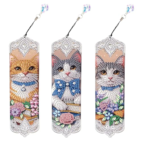 Tontut 3pcs Diamond Art Painting Kit Bookmarks, Cat on Books Fine General Purpose DIY Bookmarks, Lightweight and Durable, Suitable for Reading Lovers - color: Cat