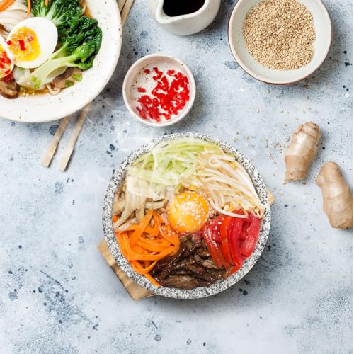 Dolsot Bibimbap Bowl, 27 Oz Korean Stone Bowls Cooking Pot with Wood Tray, Granite Stone Bowl Sizzling Hot Pot for Korean Restaurants, Soup, Rice, Stew (Pack of 3) - size: Medium (Pack of 3)