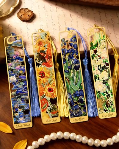4 Pieces Metal Bookmarks with Tassel, Golden Hollow Bookmark Van Gogh Monet Oil Painting Theme Book Marker for Book Lovers Writers Readers Children Teens Men Women Adults - style: Paintings-4PCS