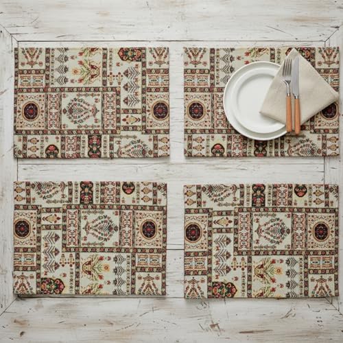 DaDa Bedding Elegant Floral Tapestry Placemats - Set of 4, Mughal-Inspired Woven Cotton Linen Dining Mats, Multi-Colored Vintage Garden Design - 13” x 19 - color: Light Botanical