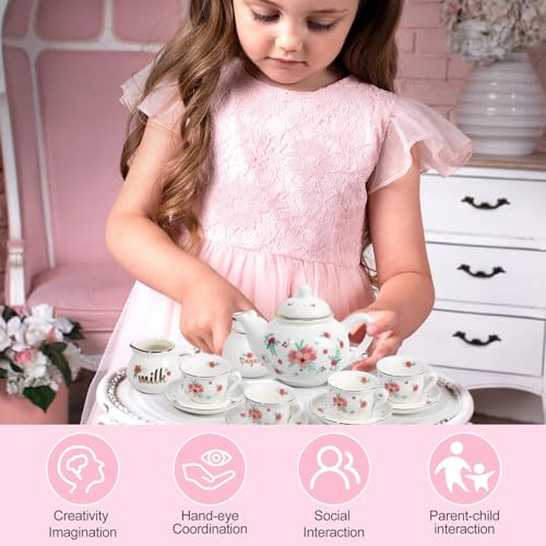 Porcelain Tea Set for Girls, Tea Party Set for Little Girls, Kids Tea Set Kitchen Pretend Play, Princess Tea Time Playset with Teapot Cups Carry Case, Toddler Girl Toys Birthday Gifts Age 3+ - style: A. Princess Tea Party