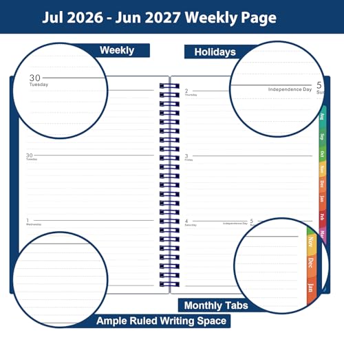 Planner 2026-2027 - 2026-2027 Planner Weekly and Monthly with Tabs, July 2026 - June 2027, 6.25" × 8.3", Strong Twin-Wire Binding - color: Blue