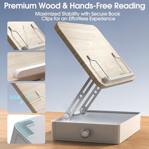 Book Stand with Storage Drawer, Heavy-Duty Adjustable Wooden Reading Stand - color: White Ash Effect, size: 9.8" x 13.8"
