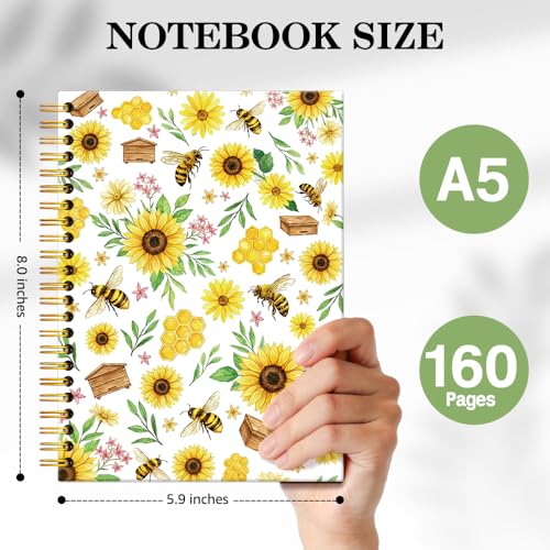 ERHACHAIJIA Sunflower & Bee Lined Spiral Notebook for Women Flower Lover - color: Yellow-brown