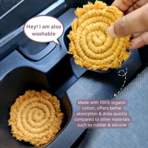 Cotton Car Coasters for Cup Holders, 2PC Car Cup Coasters, Drink Coaster Holder, Cute cupholder Coaster Accessories for Women, Macrame, Boho (Sunshine Yellow) - color: Sunshine Yellow