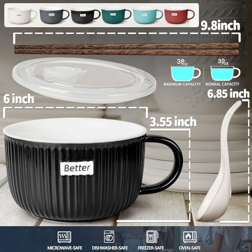 Artena 38 oz Soup Bowls with Handles, Lids, Spoons & Chopsticks – 6 Inch Large Microwave Safe Ceramic Ramen Bowls, Soup Mugs & Cereal Bowls for Instant Noodles, Oatmeal, Meal Prep (Black-Set of 2) - color: Black-Set of 2