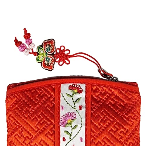 Seoulful Vintage Korean Embroidered Card Pouch - Wildflower Design Coin Purse with Butterfly Charm - Traditional Korean New Year & Chuseok Gift (Red) - color: Red