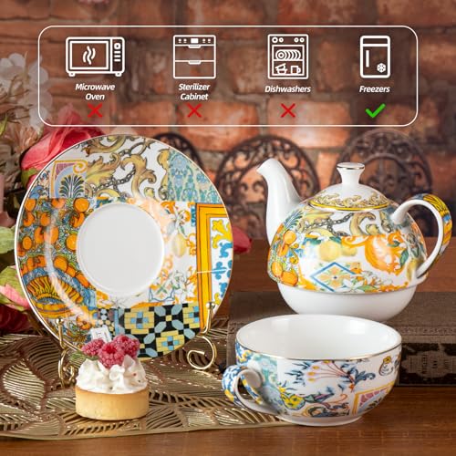 KAMMAK Tea for One Set, Ceramic Teapot, Bone China Tea Set, Cup and Saucer - color: Yellow-XY16