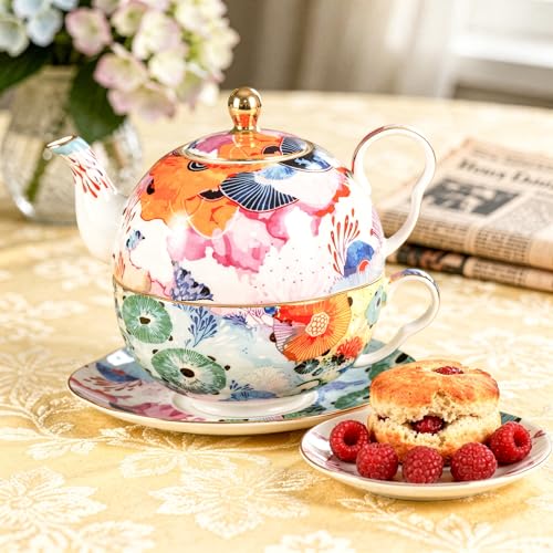 KAMMAK Tea for One Set, Ceramic Teapot, Bone China Tea Set, Cup and Saucer - color: Colorful-XY2