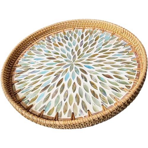 i-lan 16" Rattan & Mother of Pearl Round Decorative Serving Tray for Table - size: 16"