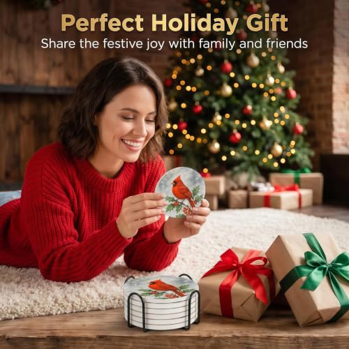 Nikyi 6 Pcs Cardinal Christmas Winter Red Bird Ceramic Absorbent Coasters, Round Drink Coaster with Metal Holder and Cork Base, for Coffee Table Kitchen Bedroom Living Office Desk Home Decor Or Gifts - color: Cardinal Christmas Winter Red Bird