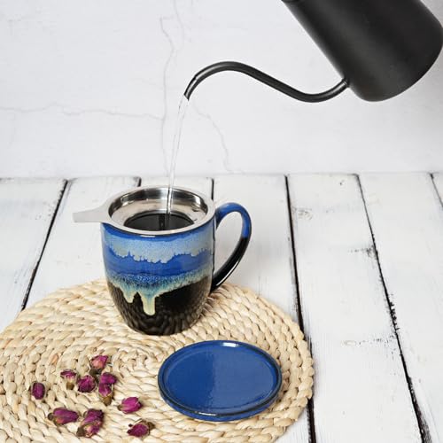 Bosmarlin Ceramic Tea Cup with Infuser and Lid, 16 Oz, 4 Color to Choose Dishwasher and Microwave Safe, Steeping Tea Mug with Strainer (Blue) - color: Blue