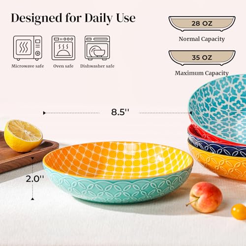 DOWAN 8.5" Vibrant Pasta, Salad & Soup Serving Bowls Set of 4, Embossed Large Porcelain Ceramic, Microwave, Oven & Dishwasher Safe, Bonita Design Perfect for Daily Dining, Family Gatherings, Party - size: 8.5 IN