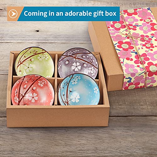 Ceramic Rice Bowls 10 oz, Sakura Bowl Gift Set, Assorted Color Dinnerware Serving Bowls for Rice, Cereal, Noodle, Soup, Desserts, Pack of 4 (Cherry Blossom) - color: Sakura, size: 4 Pack
