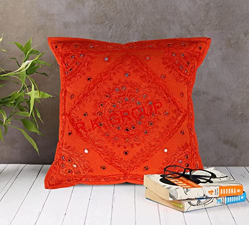 Cotton Living Room Throw Pillow Cover Ethnic Mirror Embellished Embroidered Pillowcases Decorative Square Cushion Covers (Color : Orange Size -18 X 18) - color: Orange, size: 18" x 18" (Pack of 1)
