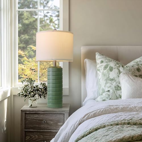 PoKat 27.5" Dark Green Ceramic Table Lamps for Living Room, Farmhouse Table Lamps Set of 2 for Bedroom Night Stands, Modern Bedside Lamps for End Side Table, Vintage Nightstand Decor Lamps Home Office - color: Green