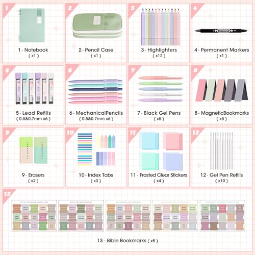 Bible Study Supplies Journaling Kit with Pen Case,12 Pastel Highlighters,5 Black Ink Gel Pens, 6 Mechanical Pencils 0.5 & 0.7mm,Sticky Note Index Tab and So on for bible study - color: Green