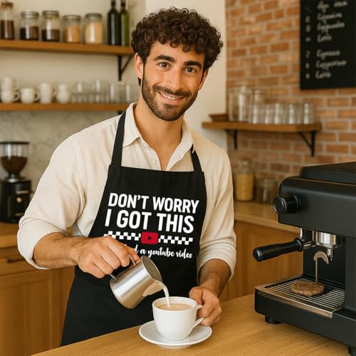 Funny Black Grill Apron with Pockets for Man,Dad,Husband,Father in Law,Chef Daddy Grilling Apron BBQ Cooking Gifts - color: I Watched Youtube