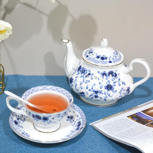 Bone China Tea Set, 21-Pieces Porcelain Tea Set for Adults, Tea Cups And Saucers for 6, with Teapot, Spoons, Sugar Bowl, Creamer Pitcher, Vintage Tea Set for Women Tea Party,Gift Box (Blue) - color: Blue