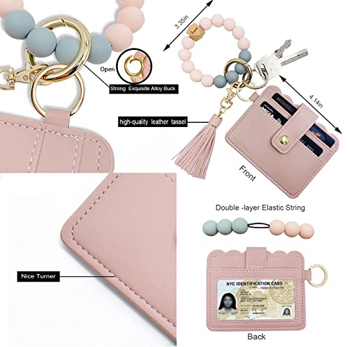Keychain Wallet Wristlet Small Credit Card Holder Bracelet Key Chain Purse Bangle Tassel Beads Key Rings for Women - color: 01-pink