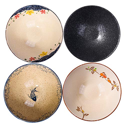 Ceramic Ramen Bowl Set of 4, 8'' Retro Soup Bowl with Floral & Fish Design - color: SZ