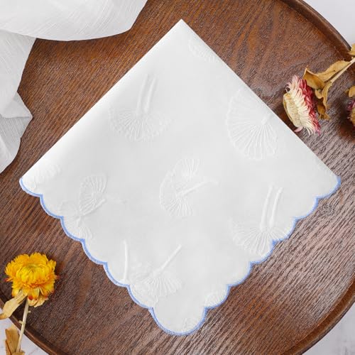 DoreenBeads Women's Cotton Handkerchiefs Scallop Embroidered Ladies Hankies - color: White-blue Hems