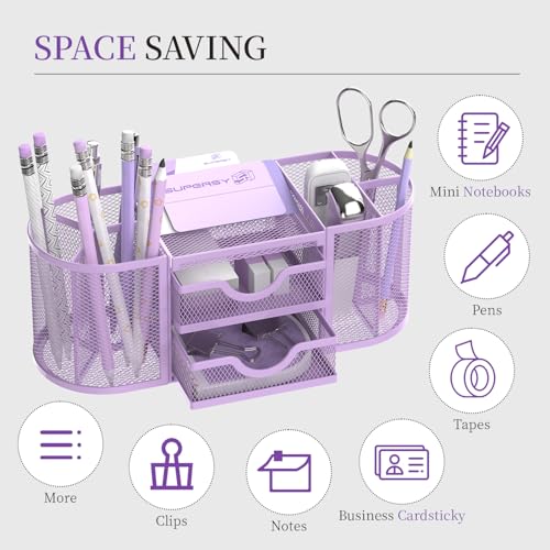 SUPEASY Mesh Desk Organizer, Pen Holder for Desk with 2 Drawers, Purple - color: Lilac Purple