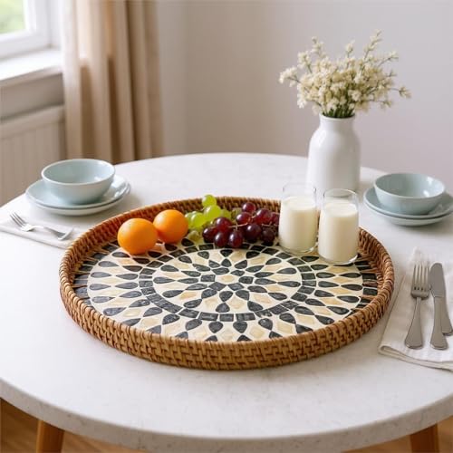 13.8" Round Mother of Pearl Inlay Rattan Black Drop Design Serving Tray - color: Black Drop