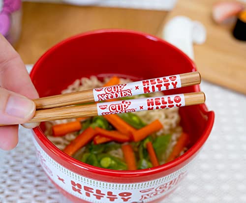 Silver Buffalo Sanrio Hello Kitty x Nissin Cup Noodles Red Ceramic Dinnerware Set | Includes Ramen Noodle Bowl and Wooden Chopsticks - color: Red