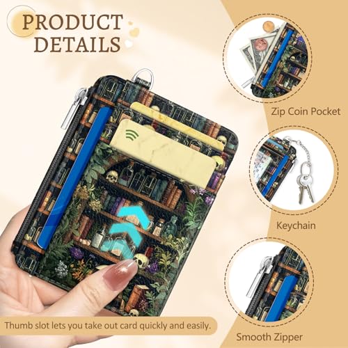 Kelvoris Credit Card Holder Small Wallet Women, Slim RFID, Goth Bookshelf - color: Book Skull