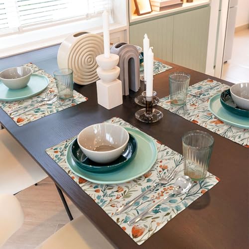 Vintage Boho Teal Orange Floral Placemats Set of 4 12x18 Inch - color: Teal Orange, size: Set of 4