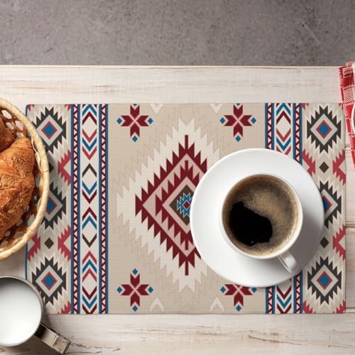 Rustic Ethnic African Washable Place Mats Set of 4 Vintage Tribal Aztec Southwestern Native American Linen Placemats for Kitchen Table Dining Room Coffe - color: Aztec 13, size: 12x18"Placemats x4