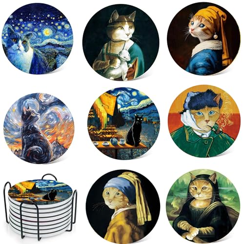 4inch Round Fun cat-Themed Marble Coaster with Storage Rack 8pcs - color: Cat Coasters