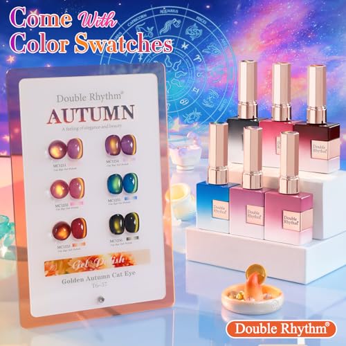 Double Rhythm Cat Eye Gel Nail Polish Set of 6 Same Color Same Bottle 0.5 Oz Shimmer Glitter with Magnet Holographic Reflective Magnetic UV Nail Polish Kit at Home (Golden Autumn Brown-T6-57) - color: Golden Autumn