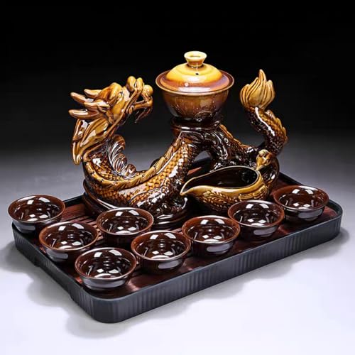 Chinese Gongfu Tea Set - Ceramic Teapot with Infuser, 8 Cups, Semi Automatic Dragon Design for Loose Leaf Tea - color: Yellow Dragon