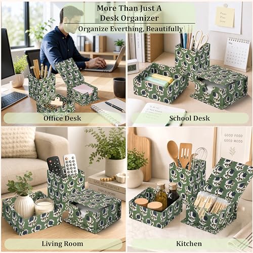 Ridhi Basil Green Block Print Office Desk Organizer Pen & Note Holder - color: Basil Green