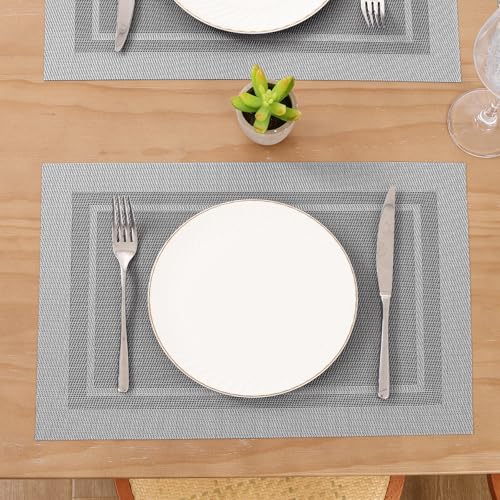 SHACOS Woven Vinyl Placemats Set of 4 Wipe Clean Place Mats for Dining Table Heat Resistant PVC Weave Table Mats Indoor Outdoor (4, Frame Grey) - color: Frame Grey, size: Set of 4