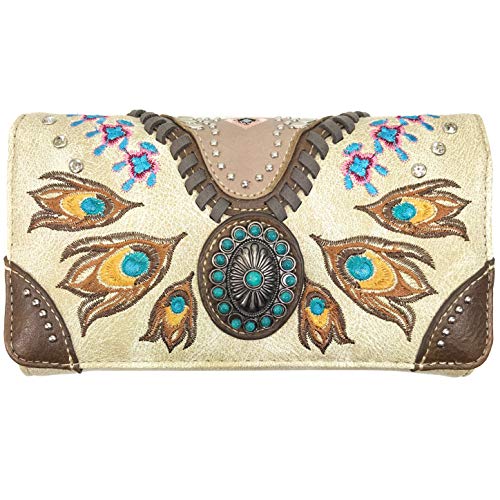 Zelris Turquoise Concho Peacock Feather Women Crossbody Wrist Trifold Wallet - color: Beige