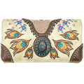 Zelris Turquoise Concho Peacock Feather Women Crossbody Wrist Trifold Wallet - color: Beige