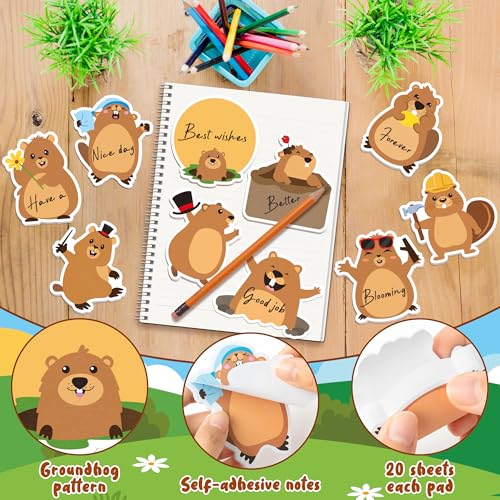 CJiangpo 30Pcs Groundhog Sticky Notes Pads, 600 Sheets Cute Cartoon Self Stick Notepad Memo Pads Funny Page Markers Classroom Rewards for Groundhog Day Party Favors Fillers Gifts - color: Groundhog