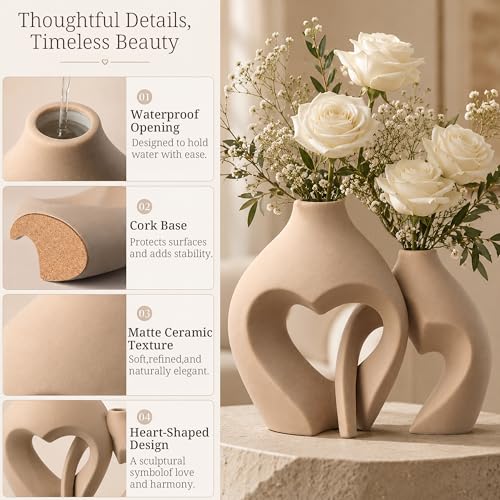Ceramic Flower Vases Home Decor Heart Shaped Vase Set of 2 - color: Brown
