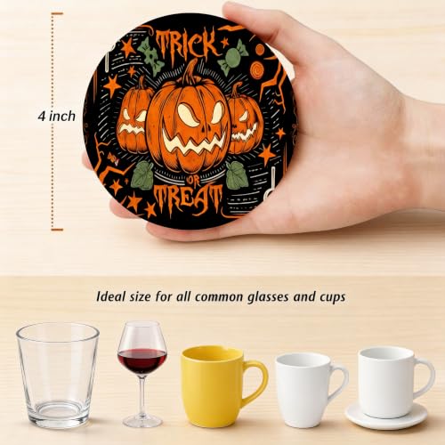 Nikyi 6 Pcs Halloween Vintage Pumpkin Ceramic Coasters, Round Absorbent Drink Coaster with Metal Holder and Cork Base, Ghost Skull Scary Cat Coaster for Coffee Table Kitchen Office Home Decor Gifts - color: Halloween Vintage Pumpkin Scary Cat