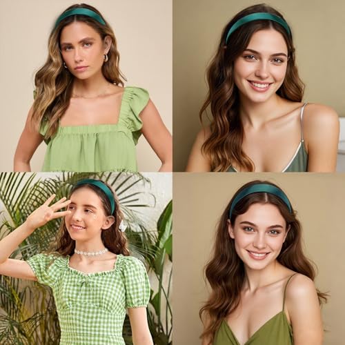 Wecoe 10 Pack Dark Green Headbands 1 Inch Wide Satin Headbands Women Non Slip Fashion Plain Head Bands Solid Hair Bands DIY St. Patrick's Day Hair Accessories for Women Girls Diademas Para Mujer - color: Dark Green